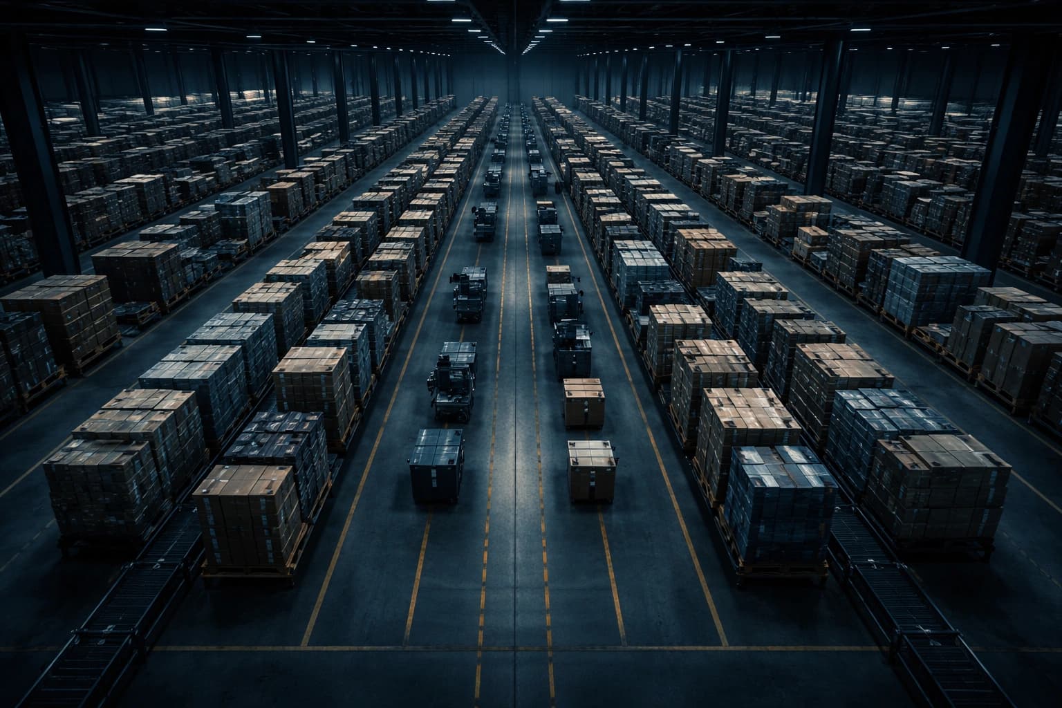 Structured warehouse distribution floor representing dealer order management infrastructure